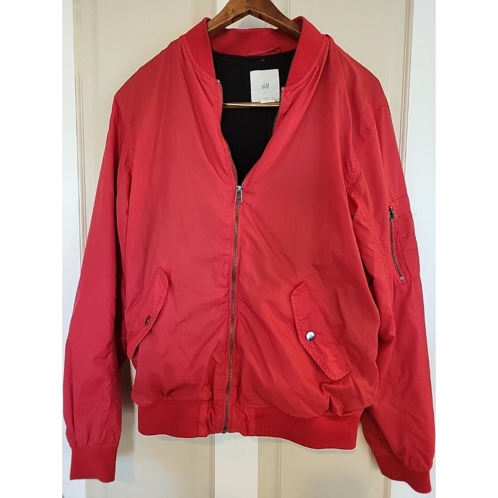 Small H&M Red Men's Bomber Jacket Zipper On Sleeve Pockets Soft Inside